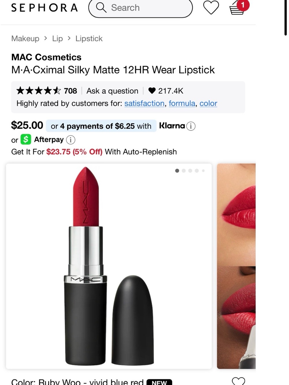 MAC Ruby Woo Silky Matte 12HR Wear Lipstick - color ruby woo